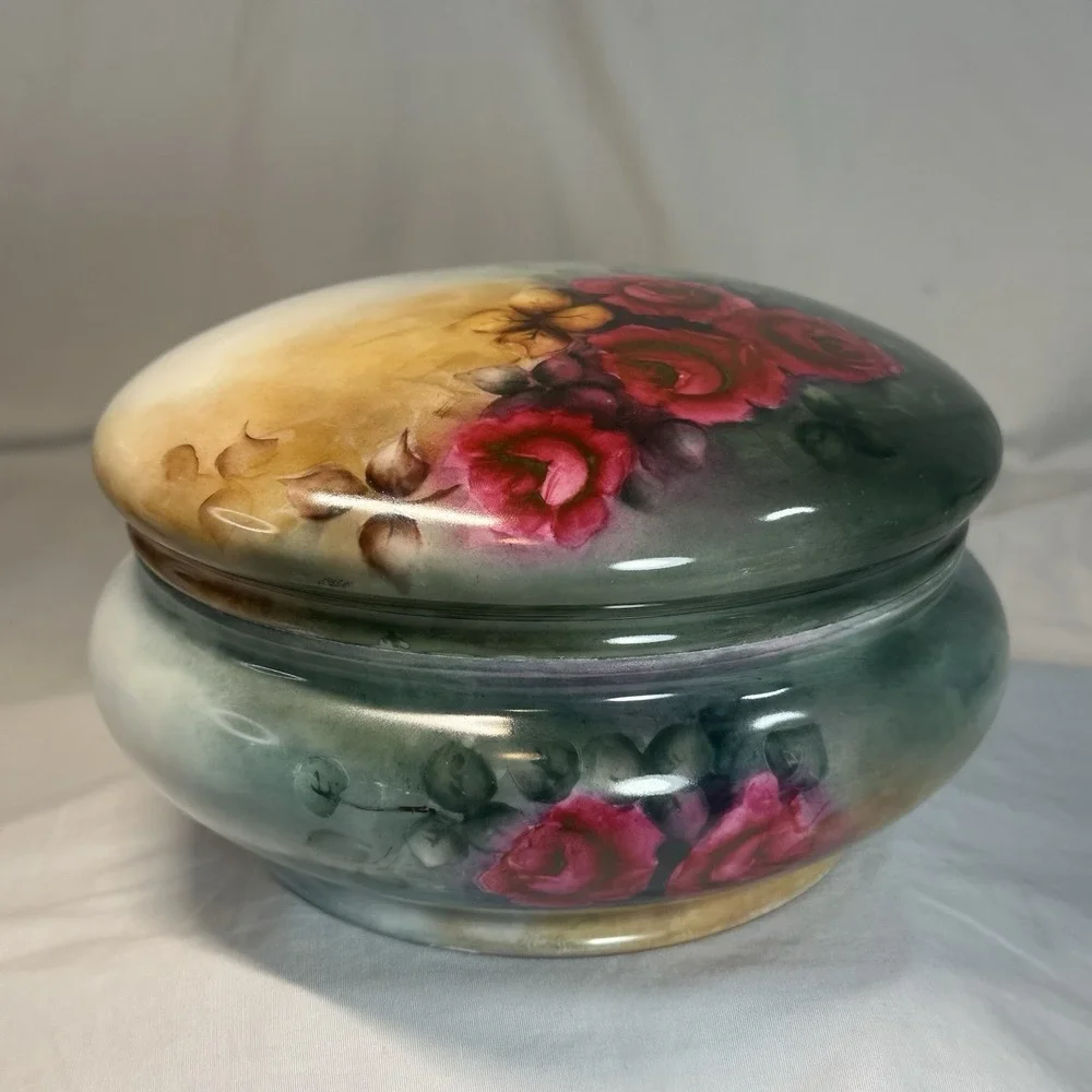 Antique‎ Victorian Hand Painted Cabbage Rose Dresser Jar Signed M Grose 7.5